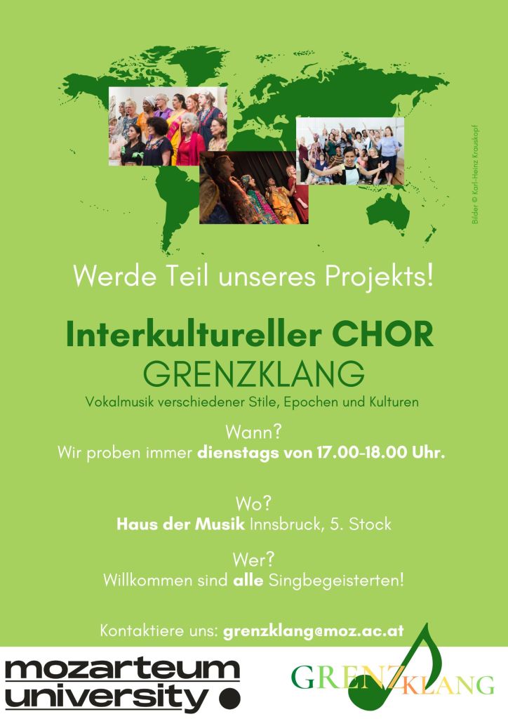 Chorproben finden immer dienstags von 17:00-18:00 Uhr im Haus der Musik Innsbruck, 5 Stock statt. 