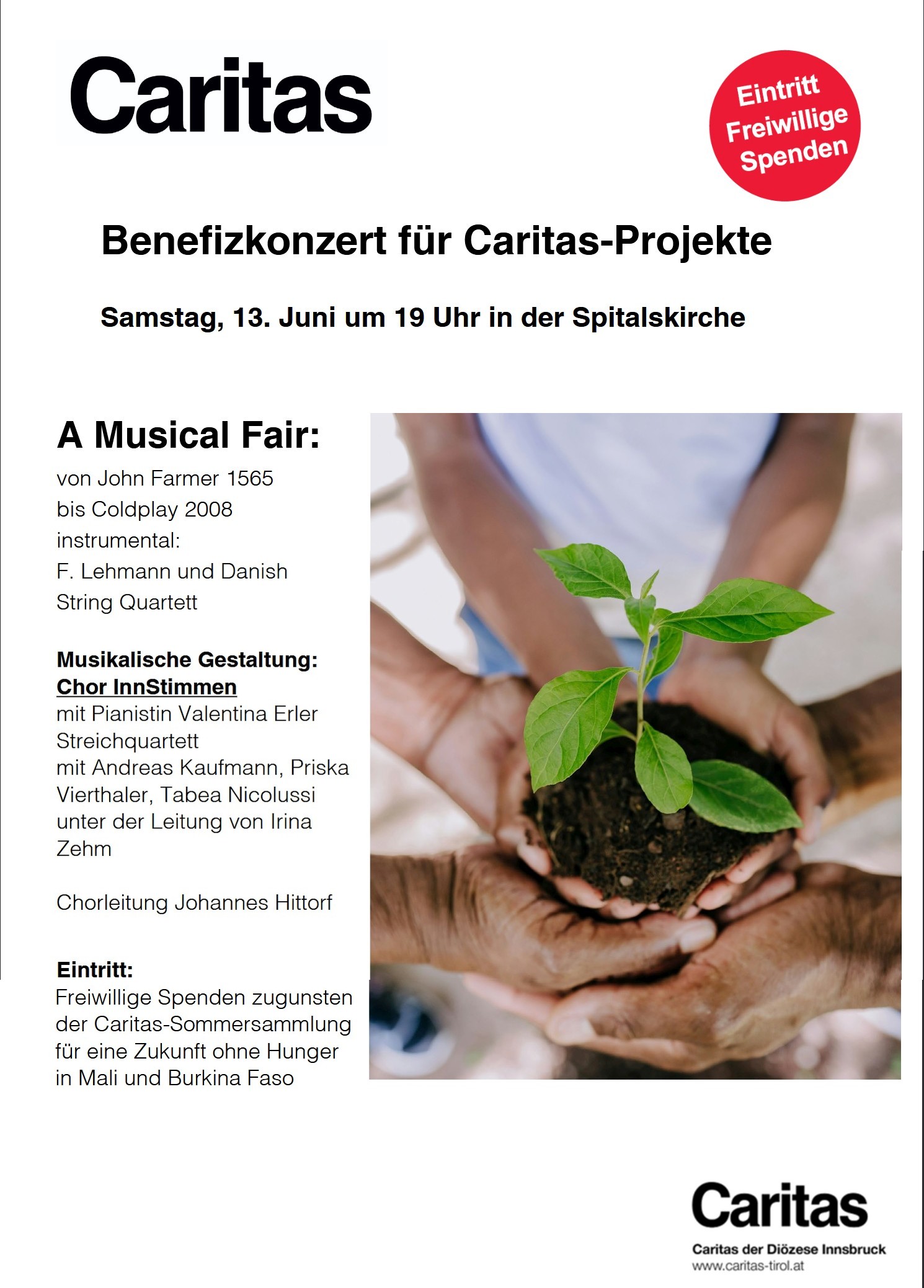 Konzertplakat für A Musical Fair - Benefizkonzert in der Spitalskirche, 13. Juni 2026, mit den Innstimmen, Streichquartett und einer Pianistin. Das Plakat zeigt Hände, die einen Setzling halten.