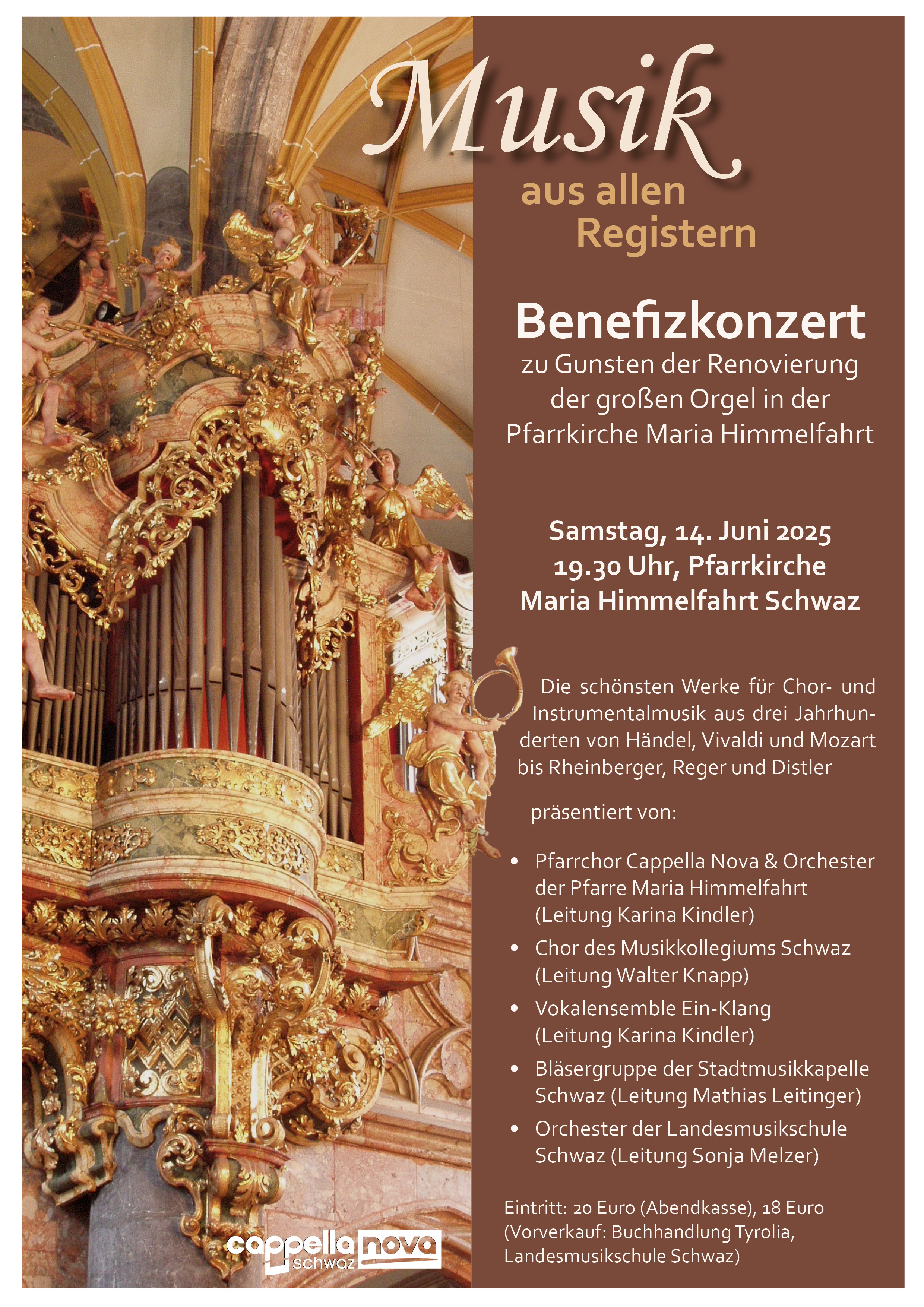 Chorplakat mit den Konzertdaten und Foto der Kirchenorgel Schwaz
