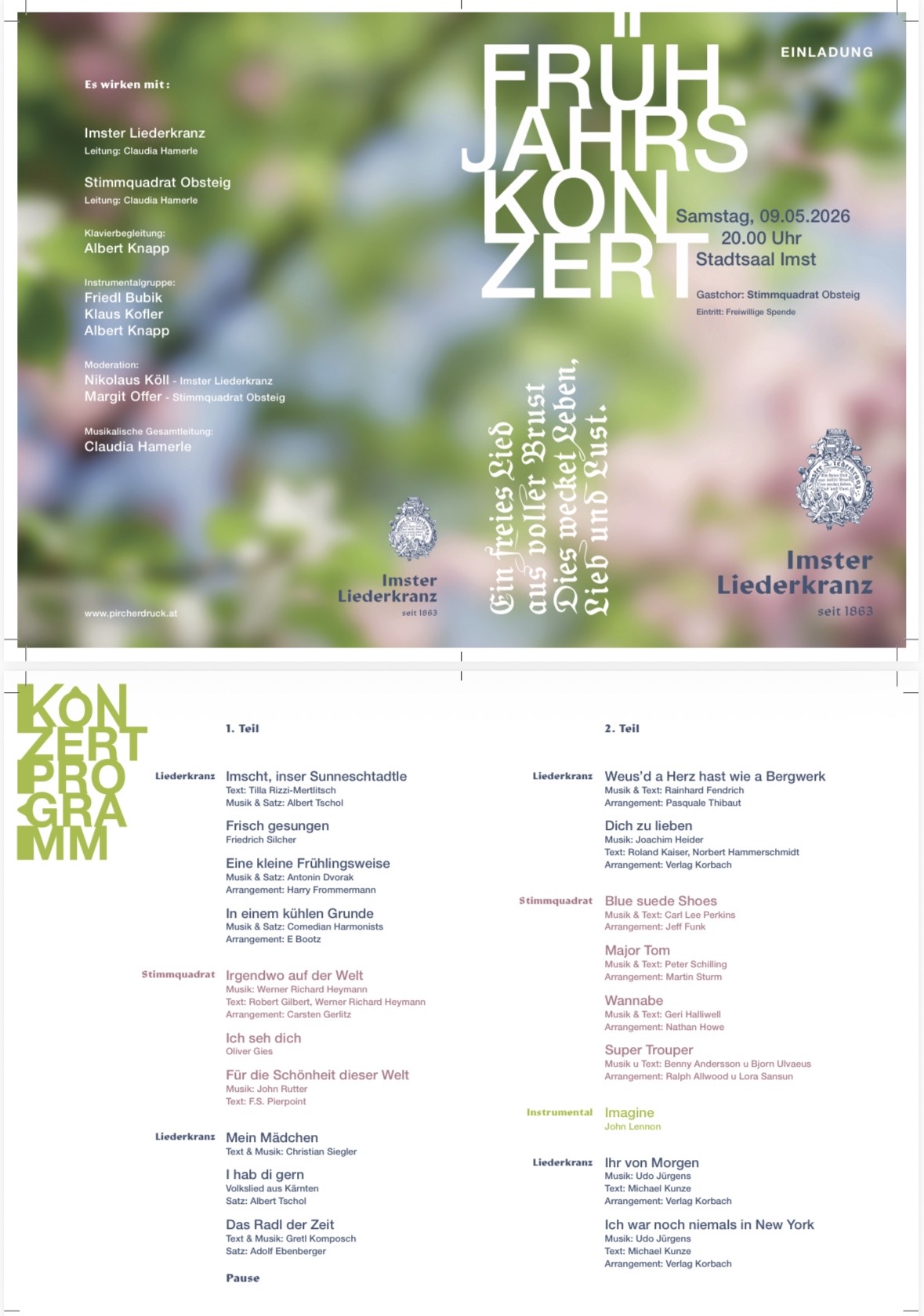 Frühlingskonzert des Imster Liederkranzes mit Gastchor Stimmquadrat aus Obsteig im Imster Stadtsaal!