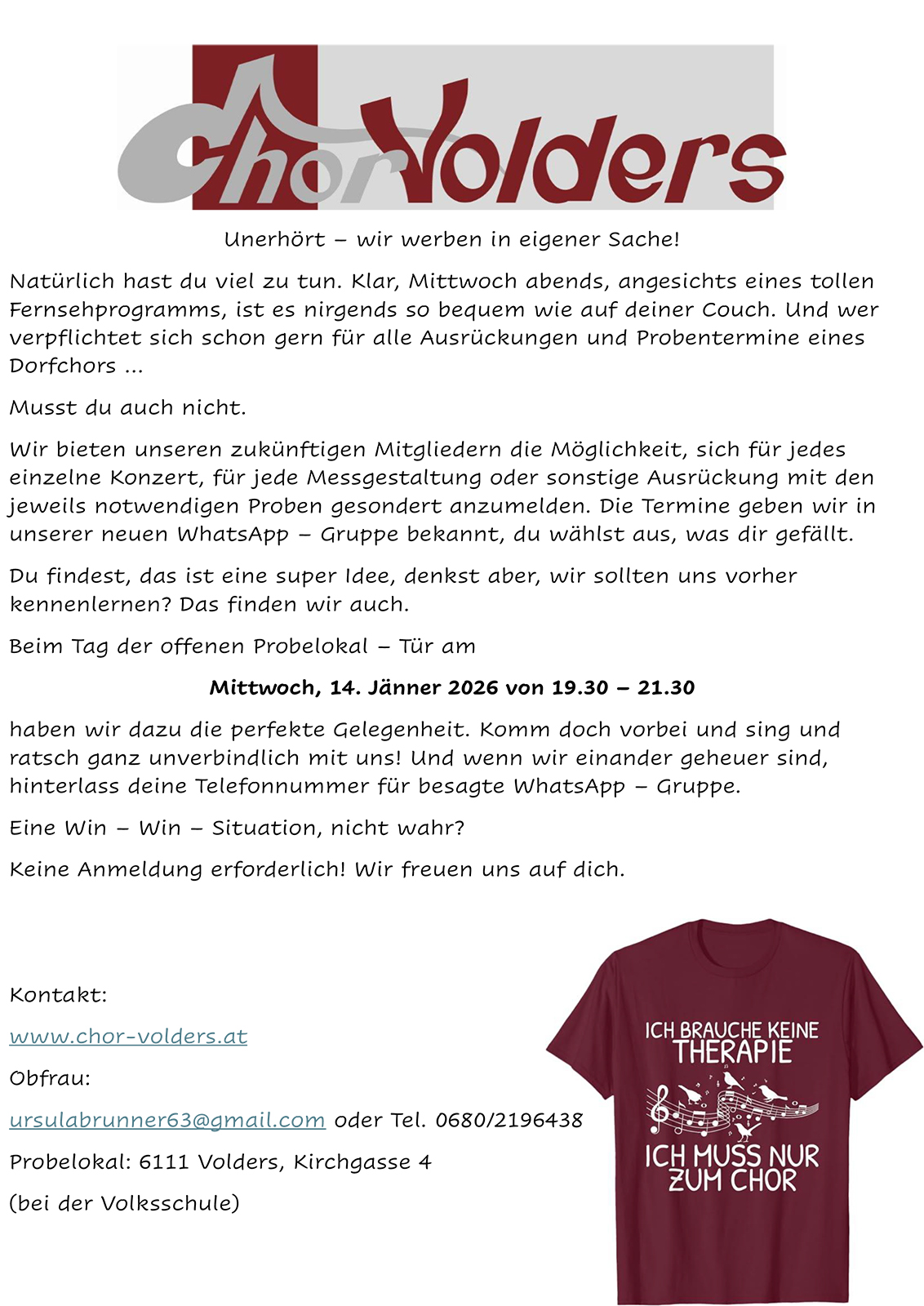 chor volders tag der offenen probetuer 2026